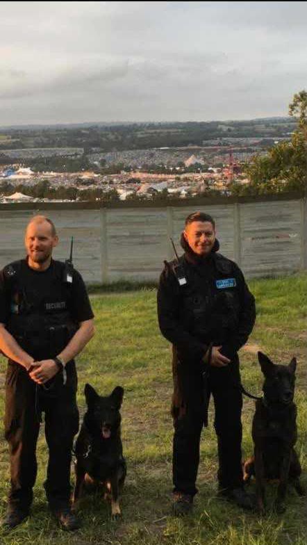 Two security handlers with dogs overlooking a festival site